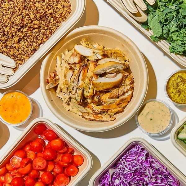 Fresh chicken, quinoa, colorful vegetables, and dressings arranged in eco-friendly containers for a meal.