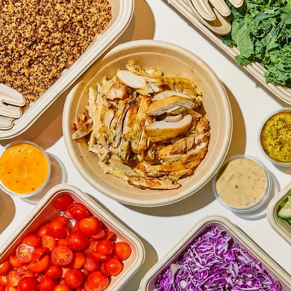 Fresh chicken, quinoa, colorful vegetables, and dressings arranged in eco-friendly containers for a meal.