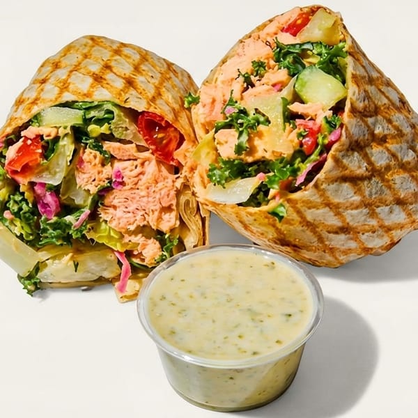 Two halves of a grilled salmon and vegetable wrap with a side of creamy dressing.
