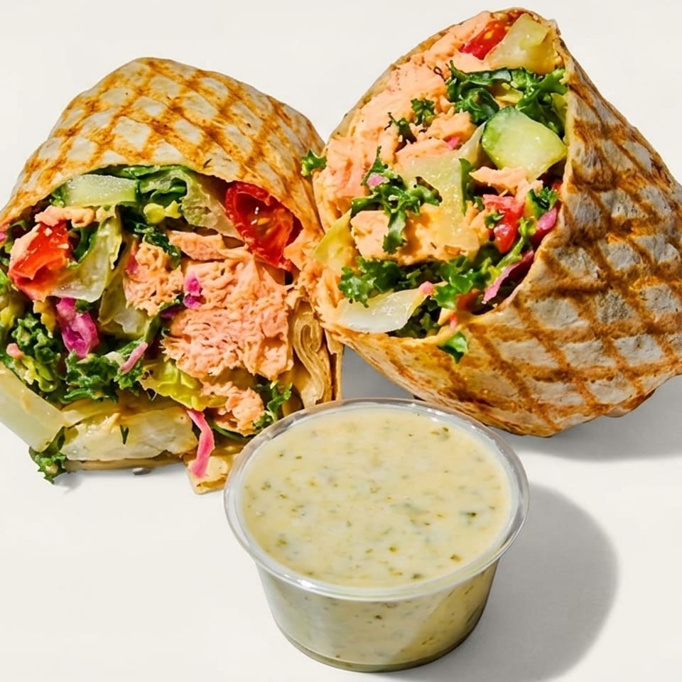 Two halves of a grilled salmon and vegetable wrap with a side of creamy dressing.